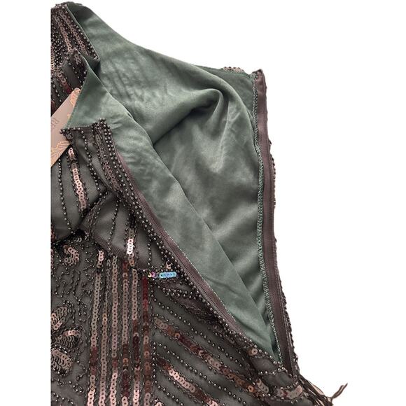 Retro Stage 1920s Fringe Flapper Beaded Sequins Black and Green Midi Dress -XL - Picture 4 of 9